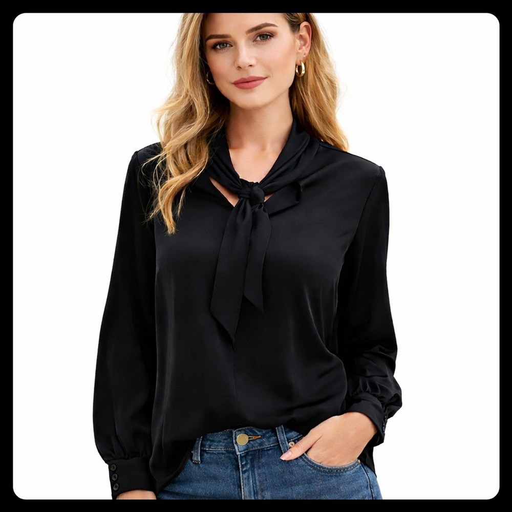Prologue Black Tie Neck Long Sleeve Blouse Women's XL Polyester Made in Vietnam